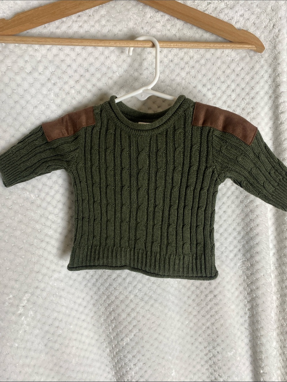 Olive Cable Knit Sweater with Brown Shoulder Patches